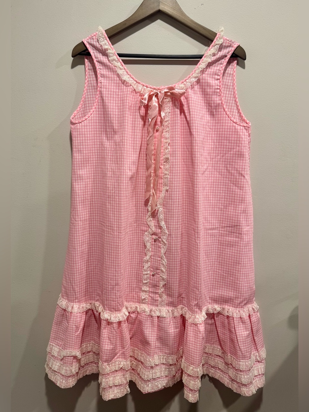 Vintage Pink Gingham Lace Prairie Babydoll Nightgown Dress